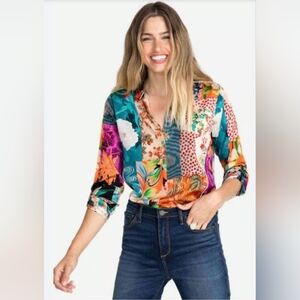 Johnny Was Grace Bailey Button Up Shirt Silk Whimsical Mixed Prints Size Large